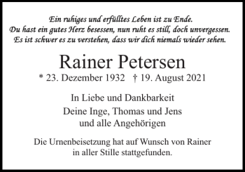 Traueranzeige von Rainer Petersen von Pinneberger Tageblatt
