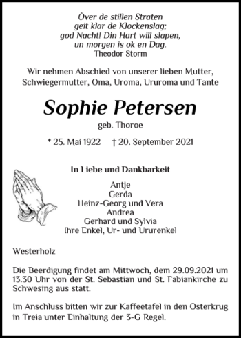 Traueranzeige von Sophie Petersen von Flensburger Tageblatt