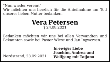 Traueranzeige von Vera Petersen von Husumer Nachrichten