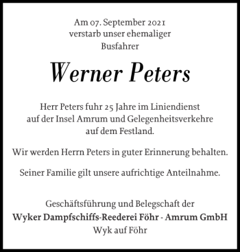 Traueranzeige von Werner Peters von Der Insel-Bote