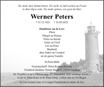 Traueranzeige von Werner Peters von Husumer Nachrichten