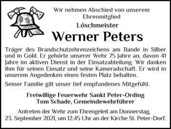 Traueranzeige von Werner Peters von Husumer Nachrichten