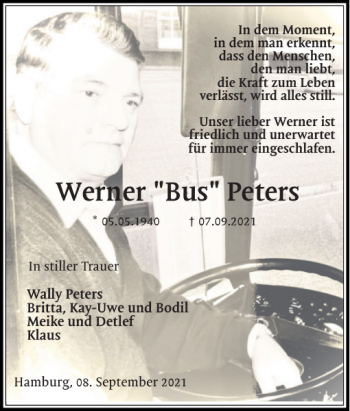 Traueranzeige von Werner Bus Peters von Der Insel-Bote