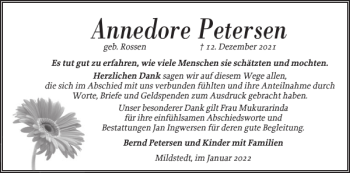 Traueranzeige von Annedore Petersen von Husumer Nachrichten