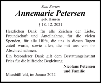 Traueranzeige von Annemarie Petersen von Flensburger Tageblatt