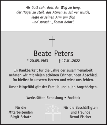Traueranzeige von Beate Peters von Landeszeitung