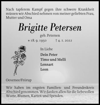 Traueranzeige von Brigitte Petersen von Flensburger Tageblatt