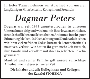 Traueranzeige von Dagmar Peters von Nordfriesland Tageblatt