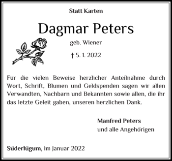 Traueranzeige von Dagmar Peters von Nordfriesland Tageblatt
