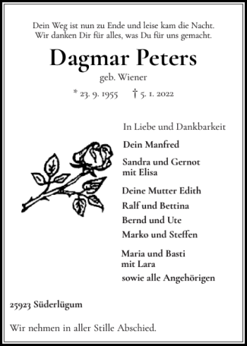 Traueranzeige von Dagmar Peters von Nordfriesland Tageblatt