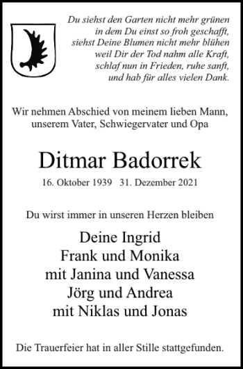 Traueranzeige von Ditmar Badorrek von Uetersener Nachrichten