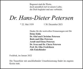 Traueranzeige von Dr. Hans-Dieter Petersen von Landeszeitung