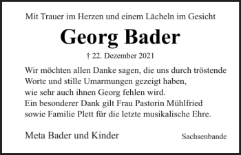 Traueranzeige von Georg Bader von Norddeutsche Rundschau