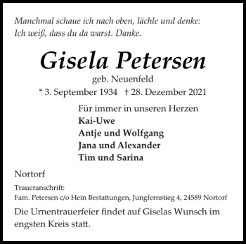 Traueranzeige von Gisela Petersen von Landeszeitung