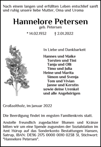 Traueranzeige von Hannelore Petersen von Flensburger Tageblatt