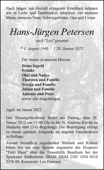 Traueranzeige von Hans-Jürgen Petersen von Schleswiger Nachrichten