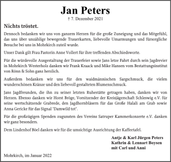 Traueranzeige von Jan Peters von Flensburger Tageblatt