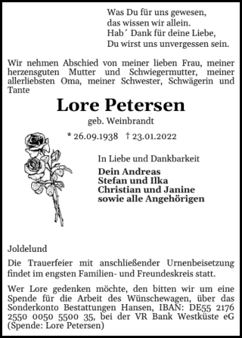 Traueranzeige von Lore Petersen von Husumer Nachrichten