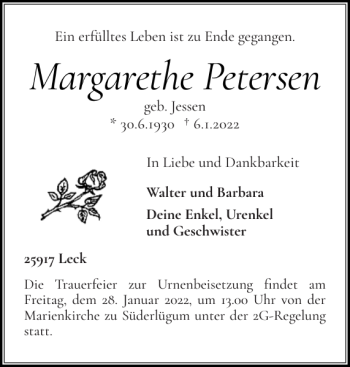Traueranzeige von Margarethe Petersen von Nordfriesland Tageblatt