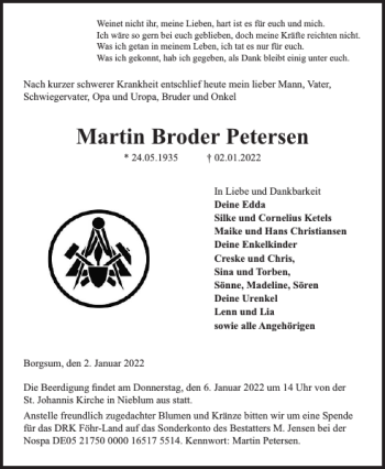 Traueranzeige von Martin Broder Petersen von Der Insel-Bote