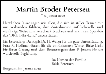 Traueranzeige von Martin Broder Petersen von Der Insel-Bote