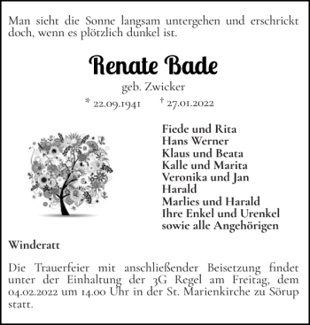 Traueranzeige von Renate Bade von Flensburger Tageblatt