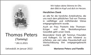Traueranzeige von Thomas Peters von Husumer Nachrichten