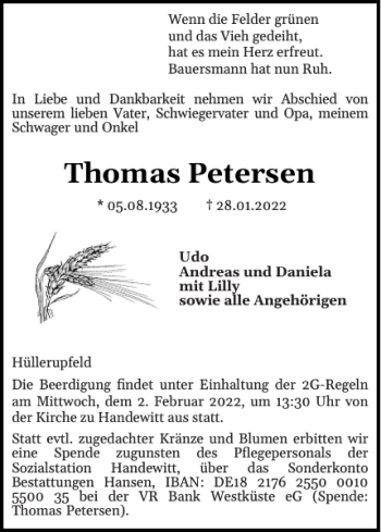 Traueranzeige von Thomas Petersen von Flensburger Tageblatt