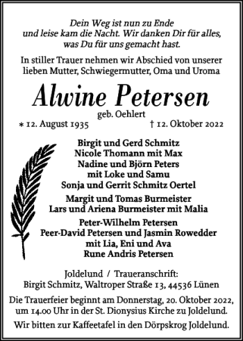 Traueranzeige von Alwine Petersen von Flensburger Tageblatt