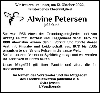 Traueranzeige von Alwine Petersen von Husumer Nachrichten