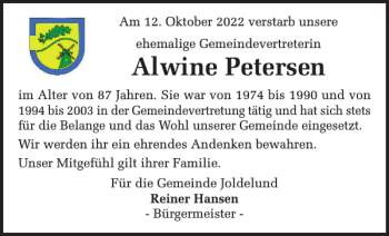 Traueranzeige von Alwine Petersen von Husumer Nachrichten