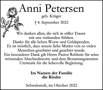 Traueranzeige von Anni Petersen von Husumer Nachrichten