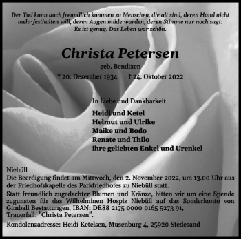 Traueranzeige von Christa Petersen von Nordfriesland Tageblatt
