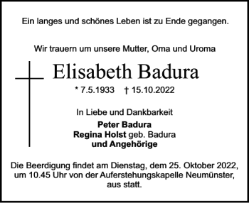 Traueranzeige von Elisabeth Badura von Holsteinischer Courier
