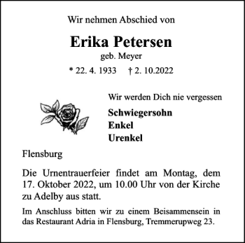 Traueranzeige von Erika Petersen von Flensburger Tageblatt
