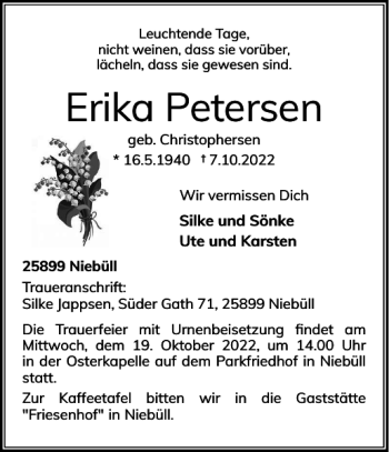 Traueranzeige von Erika Petersen von Nordfriesland Tageblatt