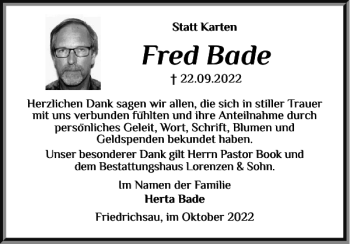 Traueranzeige von Fred Bade von Schleswiger Nachrichten