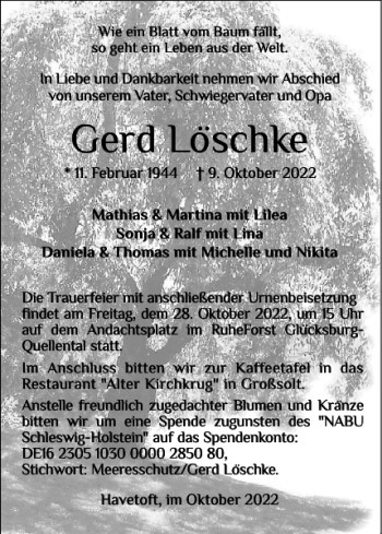 Traueranzeige von Gerd Löschke von Flensburger Tageblatt