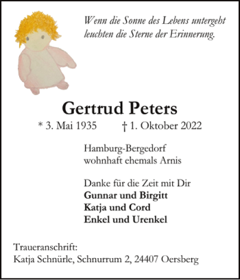 Traueranzeige von Gertrud Peters von Schlei-Bote