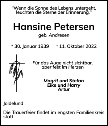 Traueranzeige von Hansine Petersen von Husumer Nachrichten