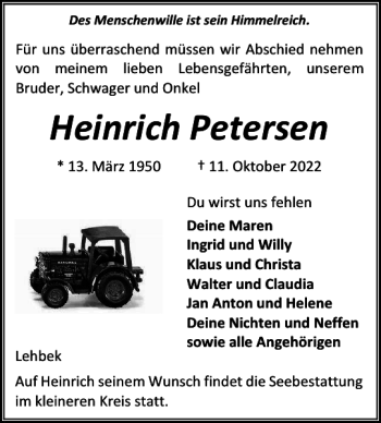 Traueranzeige von Heinrich Petersen von Flensburger Tageblatt