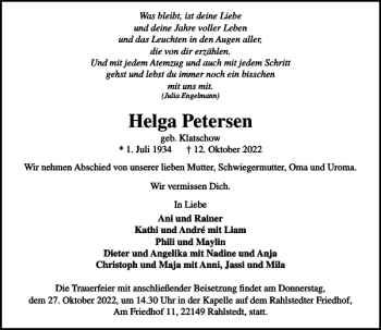 Traueranzeige von Helga Petersen von Stormarner Tageblatt