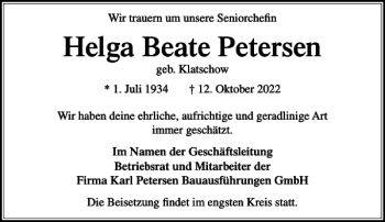 Traueranzeige von Helga Beate Petersen von Stormarner Tageblatt