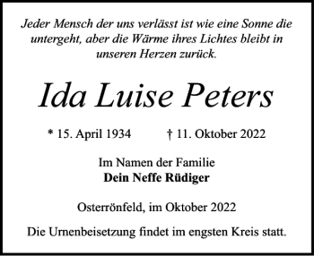 Traueranzeige von Ida Luise Peters von Landeszeitung