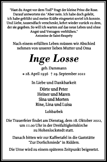 Traueranzeige von Inge Losse von Norddeutsche Rundschau