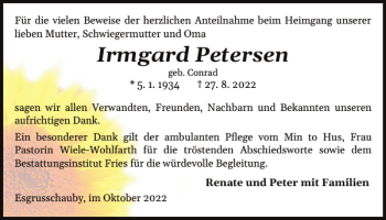 Traueranzeige von Irmgard Petersen von Flensburger Tageblatt