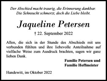 Traueranzeige von Jaqueline Petersen von Flensburger Tageblatt