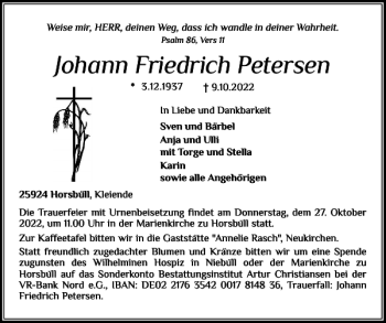 Traueranzeige von Johann Friedrich Petersen von Nordfriesland Tageblatt