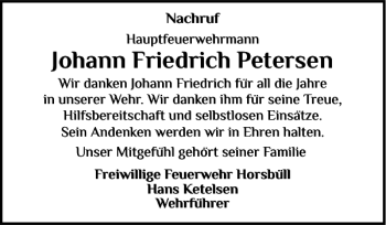 Traueranzeige von Johann Friedrich Petersen von Nordfriesland Tageblatt