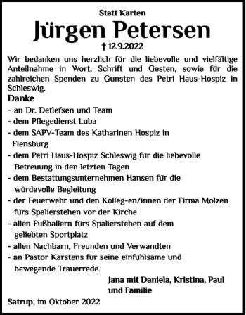 Traueranzeige von Jürgen Petersen von Flensburger Tageblatt